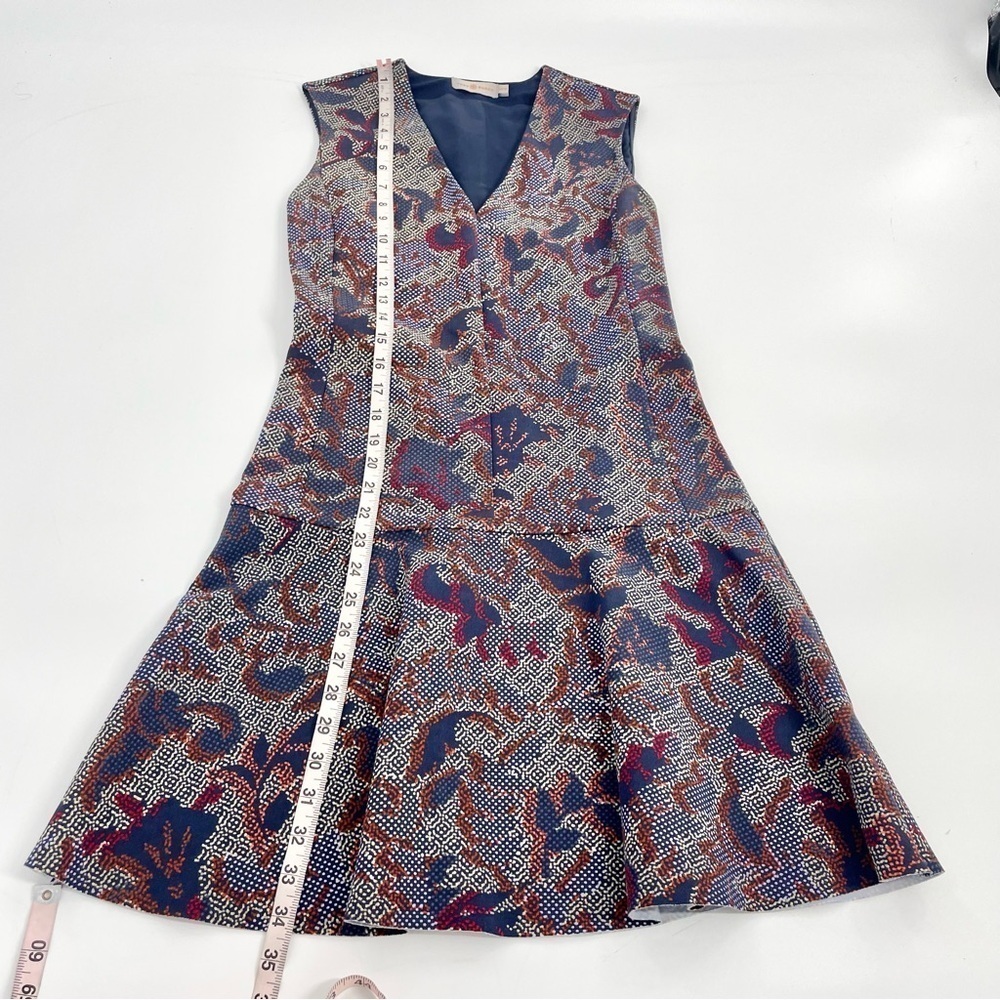 Tory Burch Calico‎ Pixelated Blue Neutral V-Neck Floral Fit n’ Flare Dress Sz XS - Picture 10 of 11